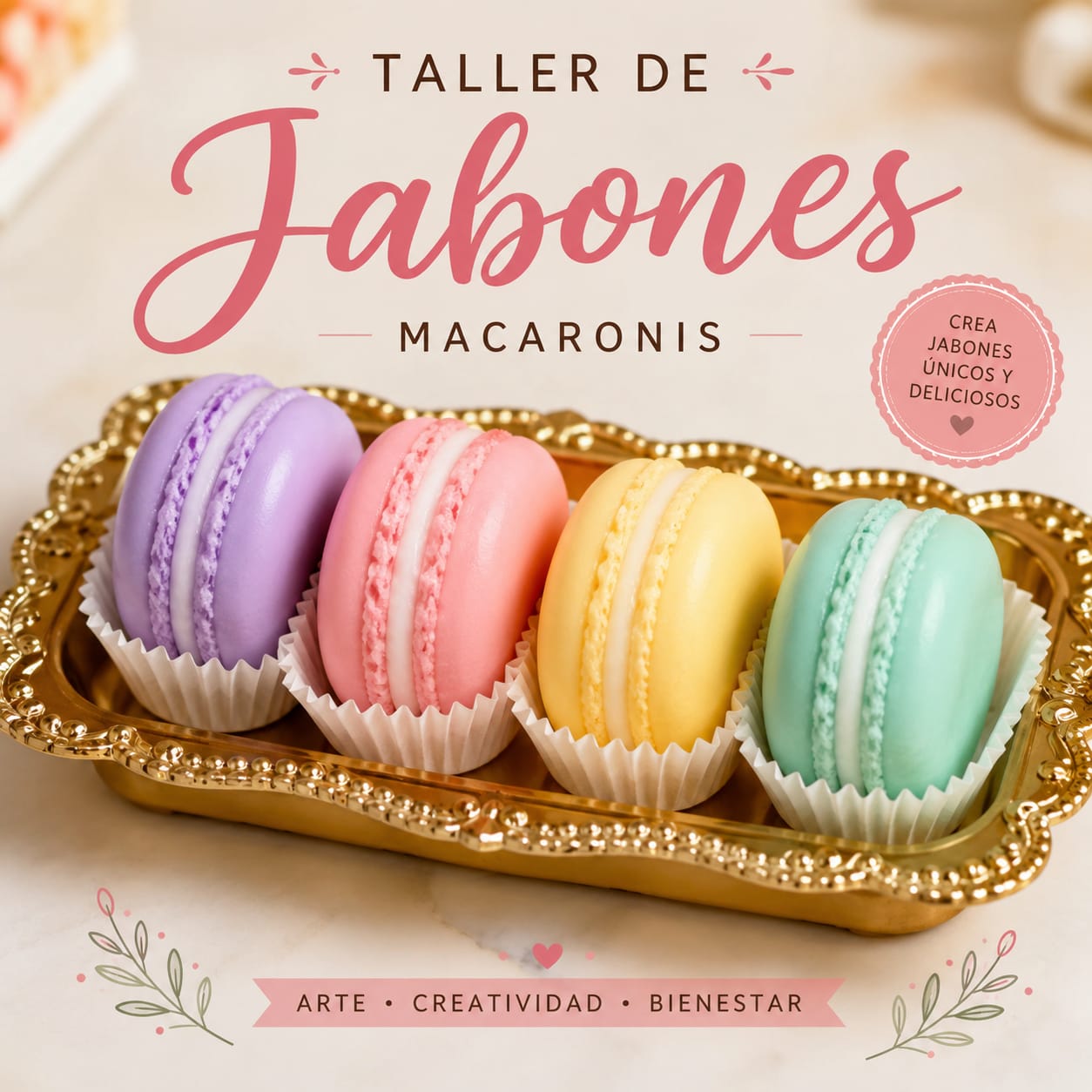 Promoción de taller de jabones con forma de macaronis