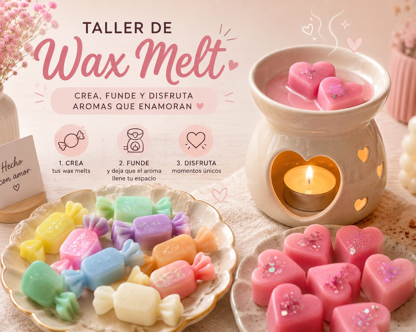 Promoción del taller de wax melts con quemador y piezas de cera